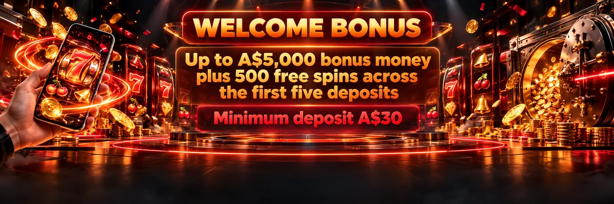 Cinematic orange and red casino stage with a hand holding a smartphone above glowing reels, coins and confetti.