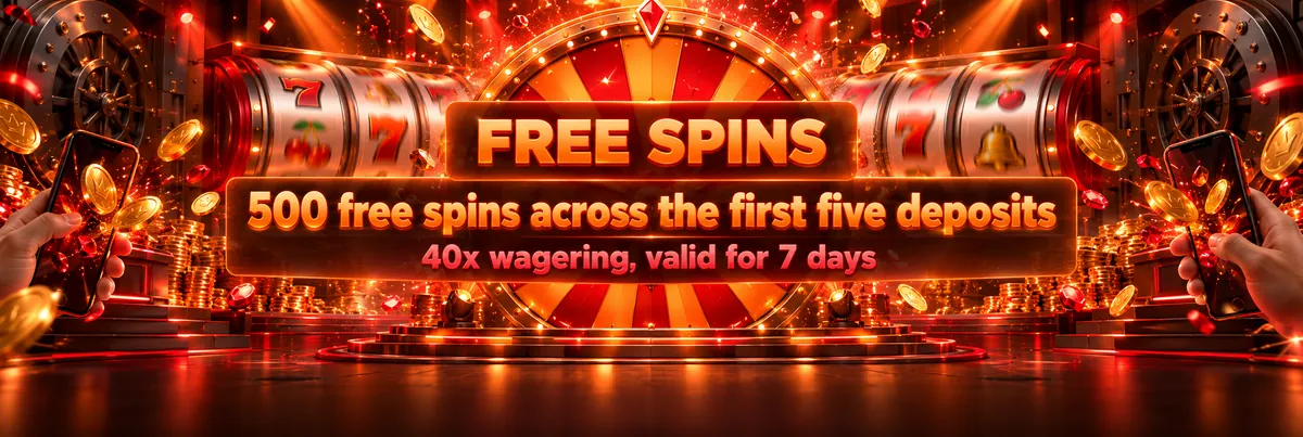 Glowing prize wheel and slot reels surrounded by orange-red confetti and motion-lit coins on a dark casino stage.