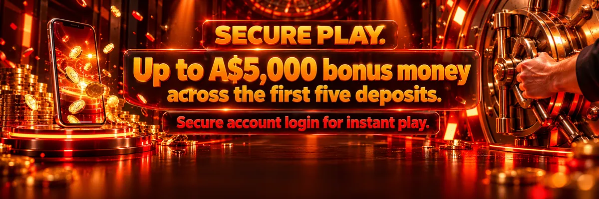 A cropped hand opens a heavy illuminated vault beside a smartphone on a polished orange and red casino platform.